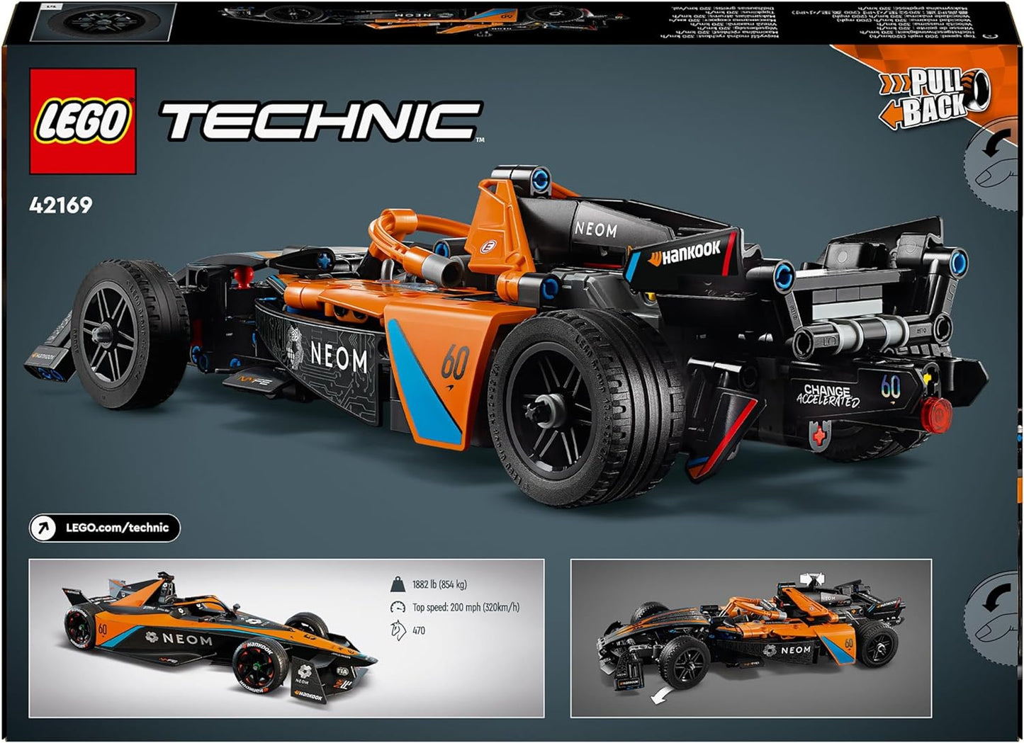 LEGO Brinquedo de carro de corrida Technic NEOM McLaren Formula E para crianças de 9 anos ou mais, meninos e meninas, conjunto de construção de veículo modelo retrátil, decoração de quarto infantil, ideia de presente de aniversário 42169
