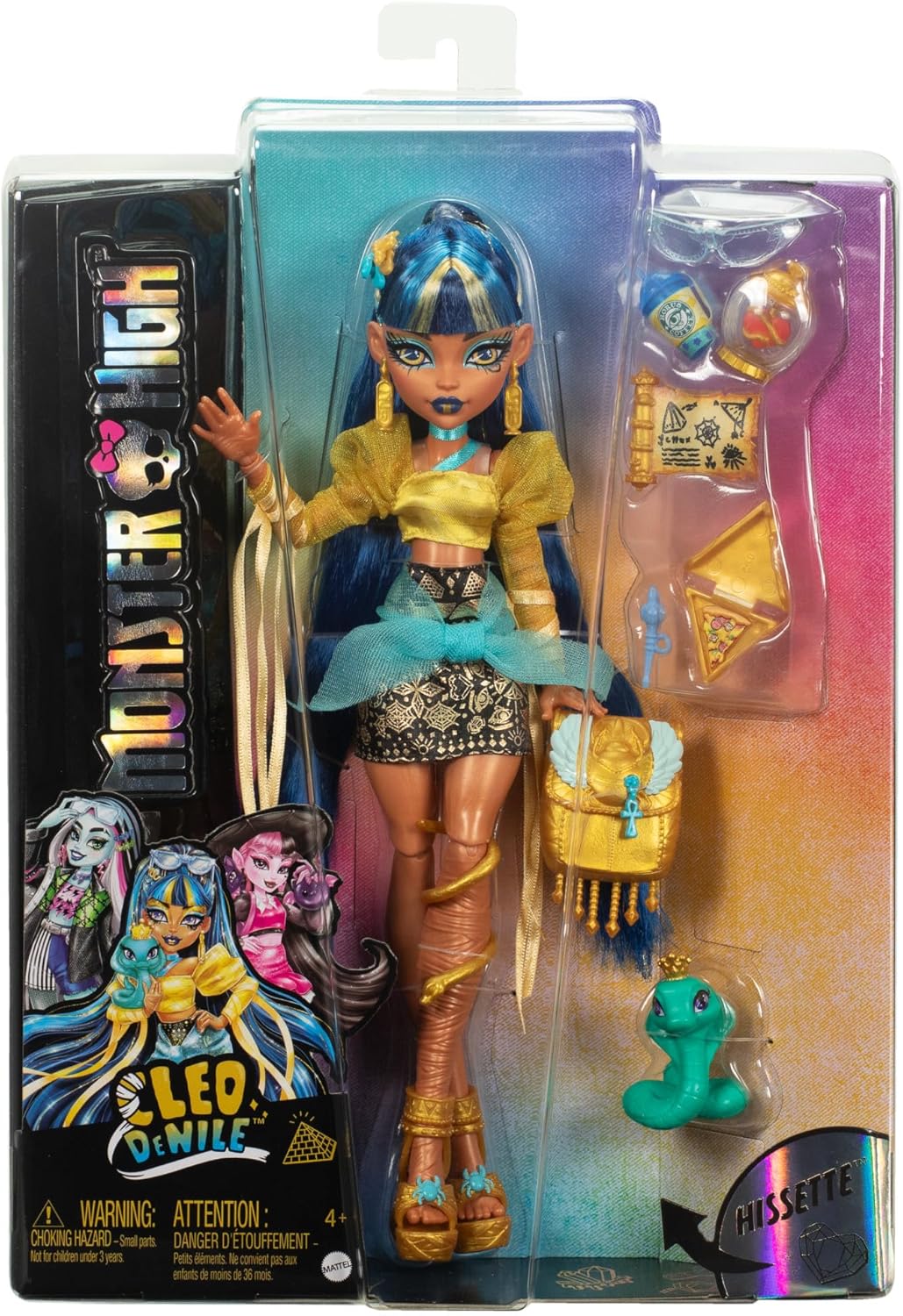 Muñeca Monster High Cleo De Nile con top dorado y falda escalonada, incluye hissette de serpiente mascota y accesorios como mochila, refrigerio y pergamino, HXH74