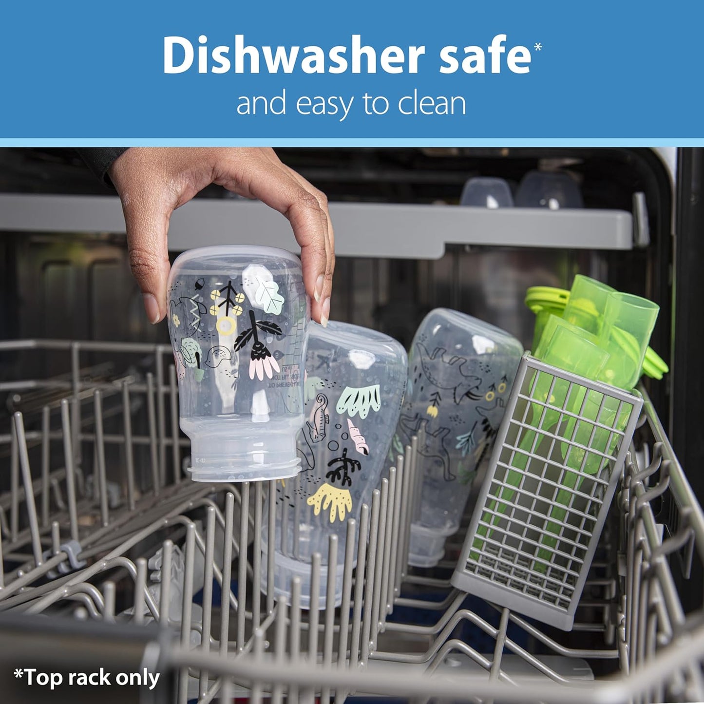 Dr. Brown's Opções anti-cólicas de fluxo natural do + mamadeiras de gargalo largo Designer Edition, dinossauros decorativos, 9 onças/270 ml, tetina nível 1, pacote com 2, 0 m +