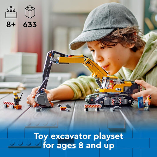 LEGO Escavadeira de construção City Yellow Toy Digger para meninos, meninas e crianças de 8 anos ou mais, conjunto de veículos com minifiguras de motorista, trabalhador e arquiteto para dramatização divertida, ideia de presente de aniversário 60420