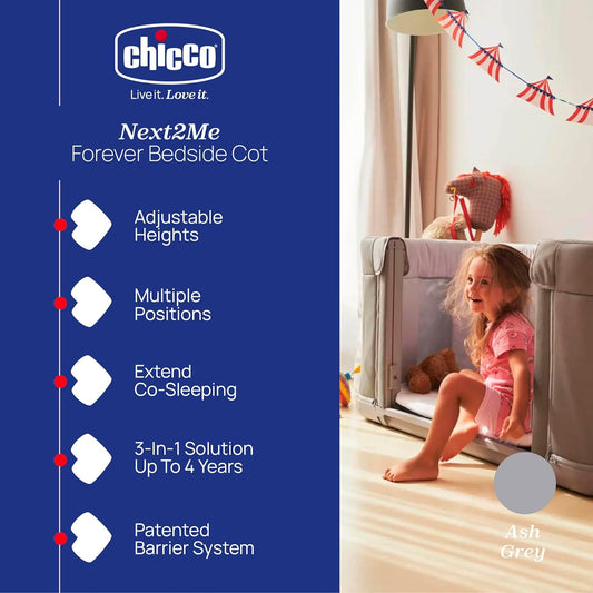 Chicco Berço e berço co-leito Next2Me Forever - Adequado desde o nascimento até os 4 anos - 11 posições de altura ajustáveis - Fluxo de ar - Compatível com cama de criança - Cinza cinza