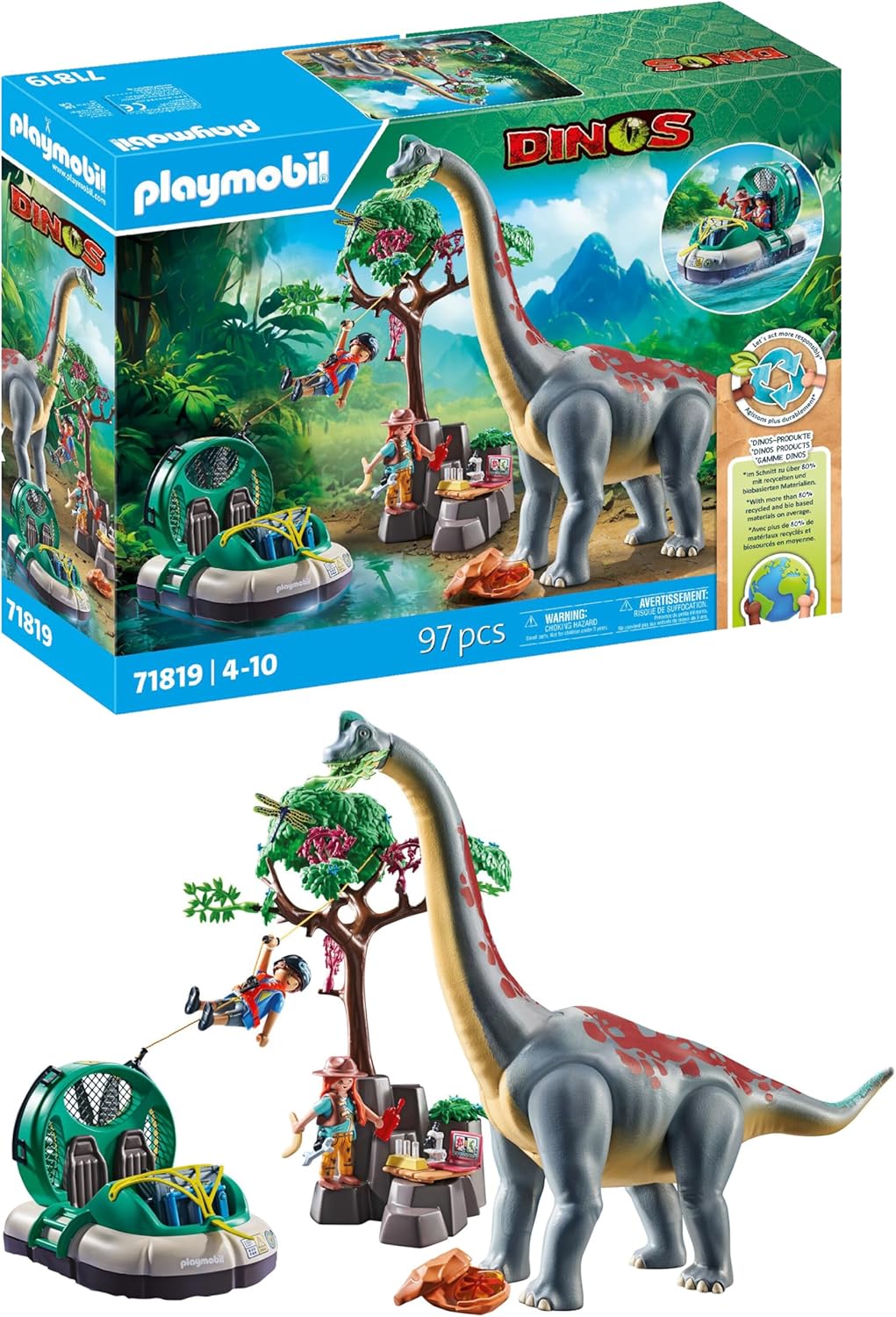 Playmobil | Dinos | Encontro do Braquiossauro com Aerodeslizador | Conjunto de Brinquedos Dino | Aventura de Dinossauro para Crianças a partir de 4 anos | 71819