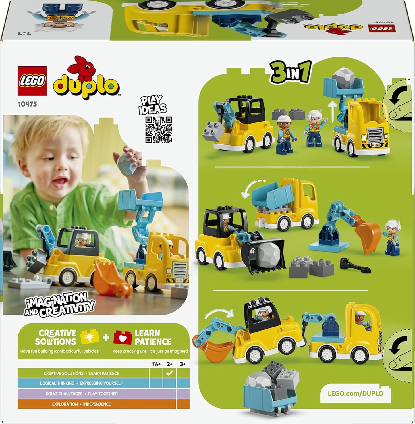 LEGO DUPLO 3 em 1 Veículos de Construção - Brinquedo Educativo Montessori para Crianças com Caminhões, Escavadeira e Pá Carregadeira - Ideia de Presente de Aniversário para Meninos e Meninas a partir de 2 Anos - 10475