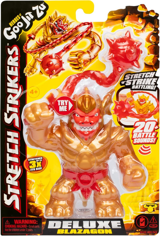 Heróis de Goo Jit Zu Stretch Strikers Deluxe Hero Pack Blazagon, Figura de Ação Elástica com Mais de 20 Sons de Batalha Incríveis