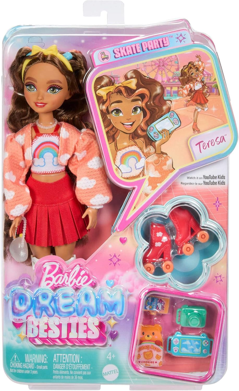 Barbie Dream Besties: Boneca e Acessórios, Teresa, Boneca Fashion Articulada de Patins com Cabelo Castanho, 9 Peças Temáticas de Videogame