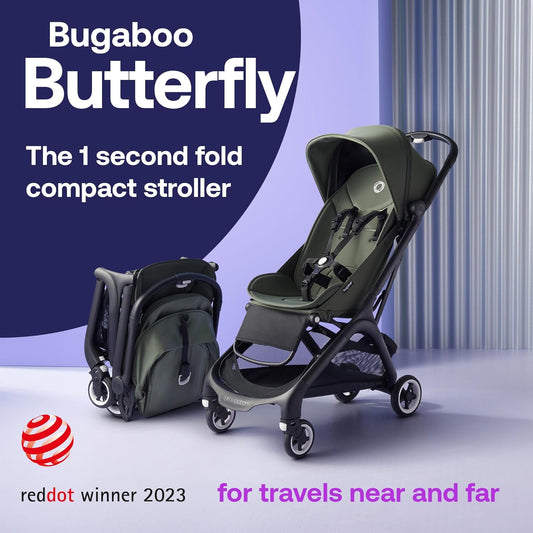 Bugaboo Butterfly, pequeno e leve, fácil de dobrar em 1 segundo, carrinho urbano ergonômico e extra espaçoso de bebê a criança, direção confortável, preto/verde floresta