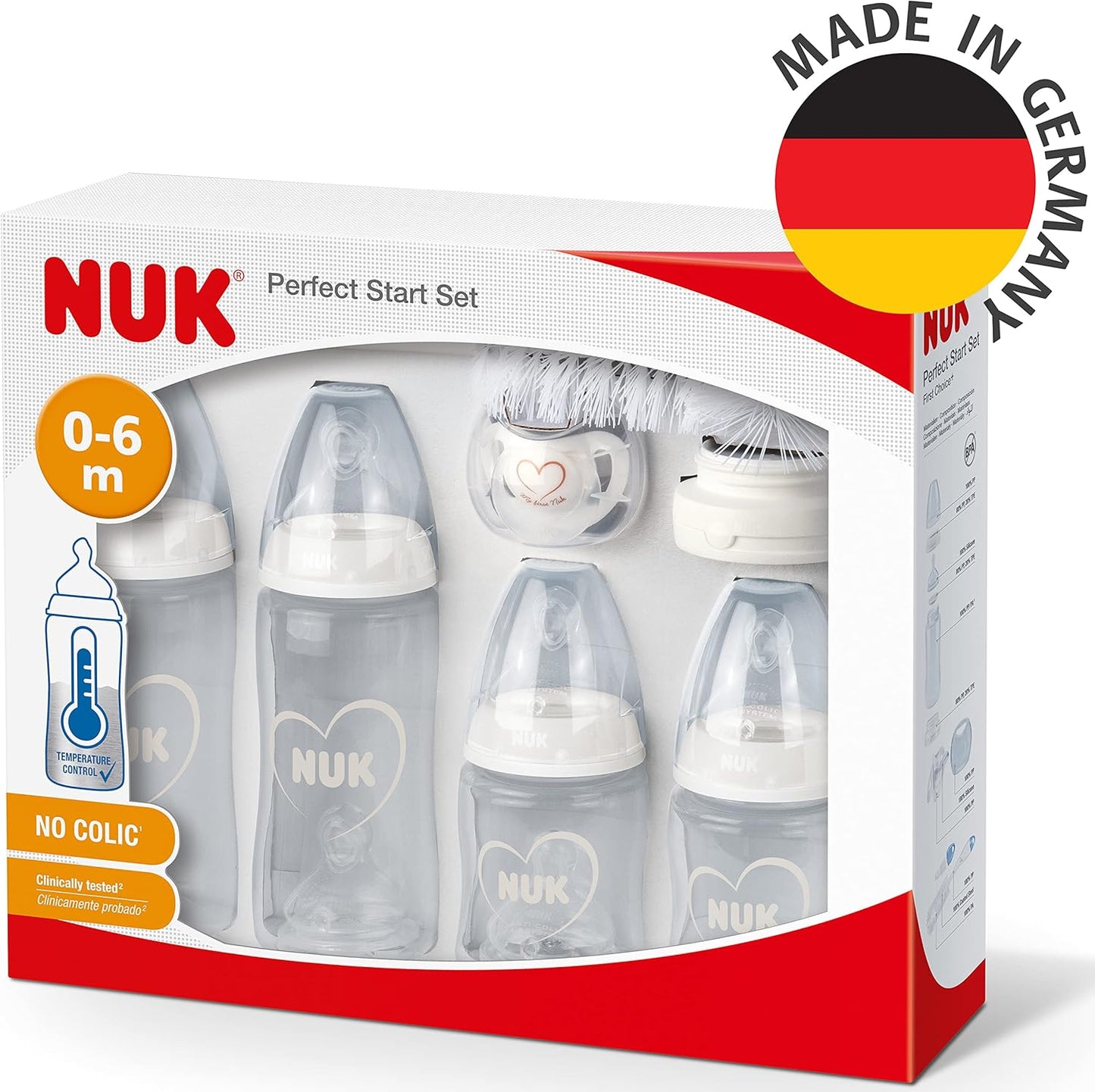 NUK Conjunto de Mamadeiras Perfect Start First Choice+ | 0-6 Meses | 4 Mamadeiras Anticólicas, Chupeta, Escova para Mamadeira e Mais | Livre de BPA | 10 Unidades