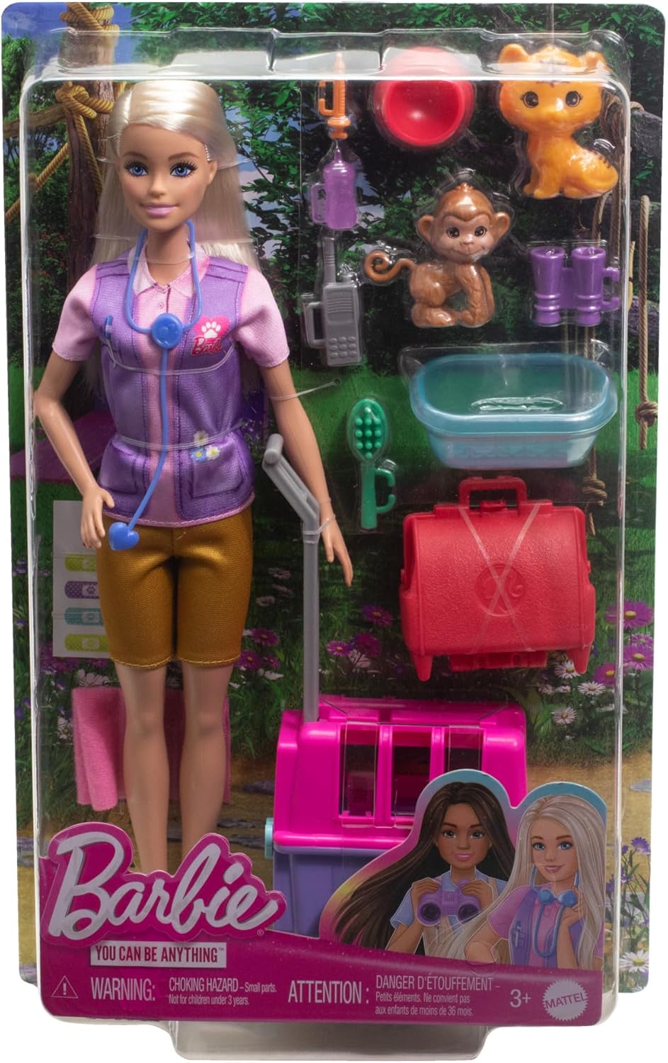 Muñeca Barbie Careers y accesorios, juego de rescate y recuperación de animales con muñeca rubia, muñecos mono y tigre, portador y más, HRG50
