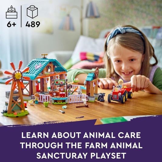 LEGO Friends Santuario de animales de granja, juego de tractor para niñas, niños y niños a partir de 6 años, juego de rol que incluye 3 figuras de personajes, 5 animales y accesorios de comida 42617