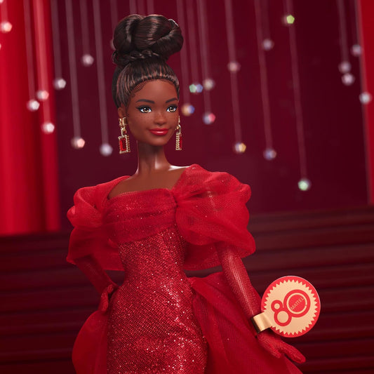 Barbie Boneca Signature, Edição Colecionável do 80º Aniversário da Mattel, em Vestido de Tule Vermelho Brilhante com Brincos Pendentes e Luvas Transparentes, Morena, JBJ18
