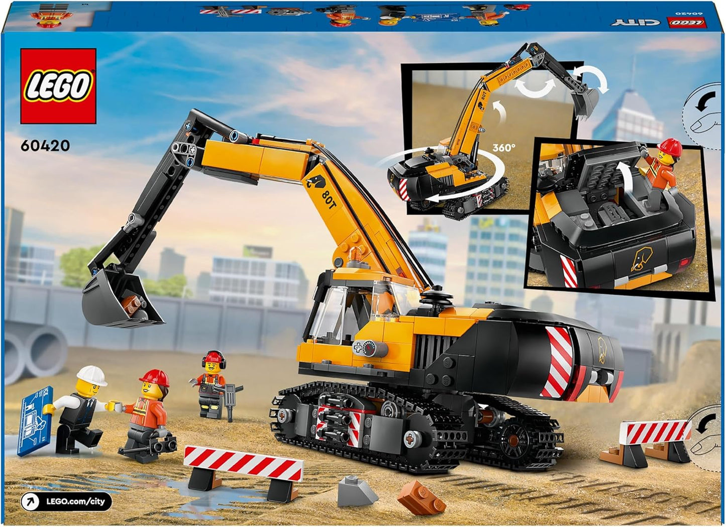 LEGO Escavadeira de construção City Yellow Toy Digger para meninos, meninas e crianças de 8 anos ou mais, conjunto de veículos com minifiguras de motorista, trabalhador e arquiteto para dramatização divertida, ideia de presente de aniversário 60420
