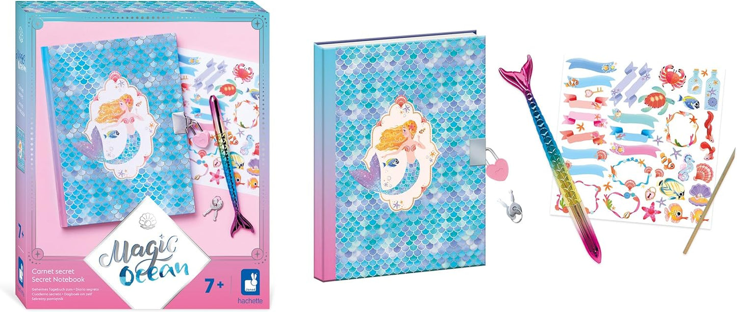 Janod - Oceano Mágico - Caderno Secreto - Diário Privado Infantil - Kit de Artes e Ofícios - Caderno com Caneta Cauda de Sereia - O Universo da Pequena Sereia - Atividade de artesanato para maiores de 3 anos