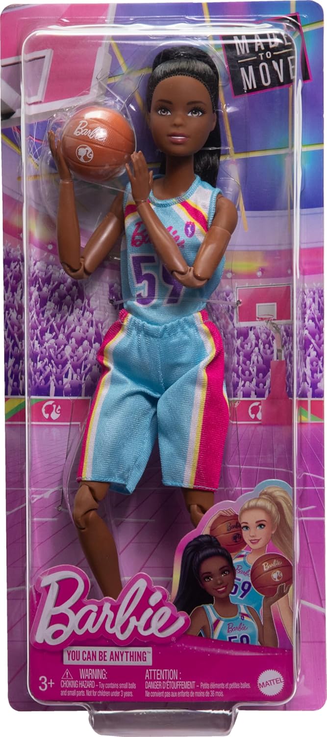 Barbie Boneca Made to Move e acessórios, jogadora de basquete morena usando uniforme removível com bola, 22 articulações dobráveis, HKT74