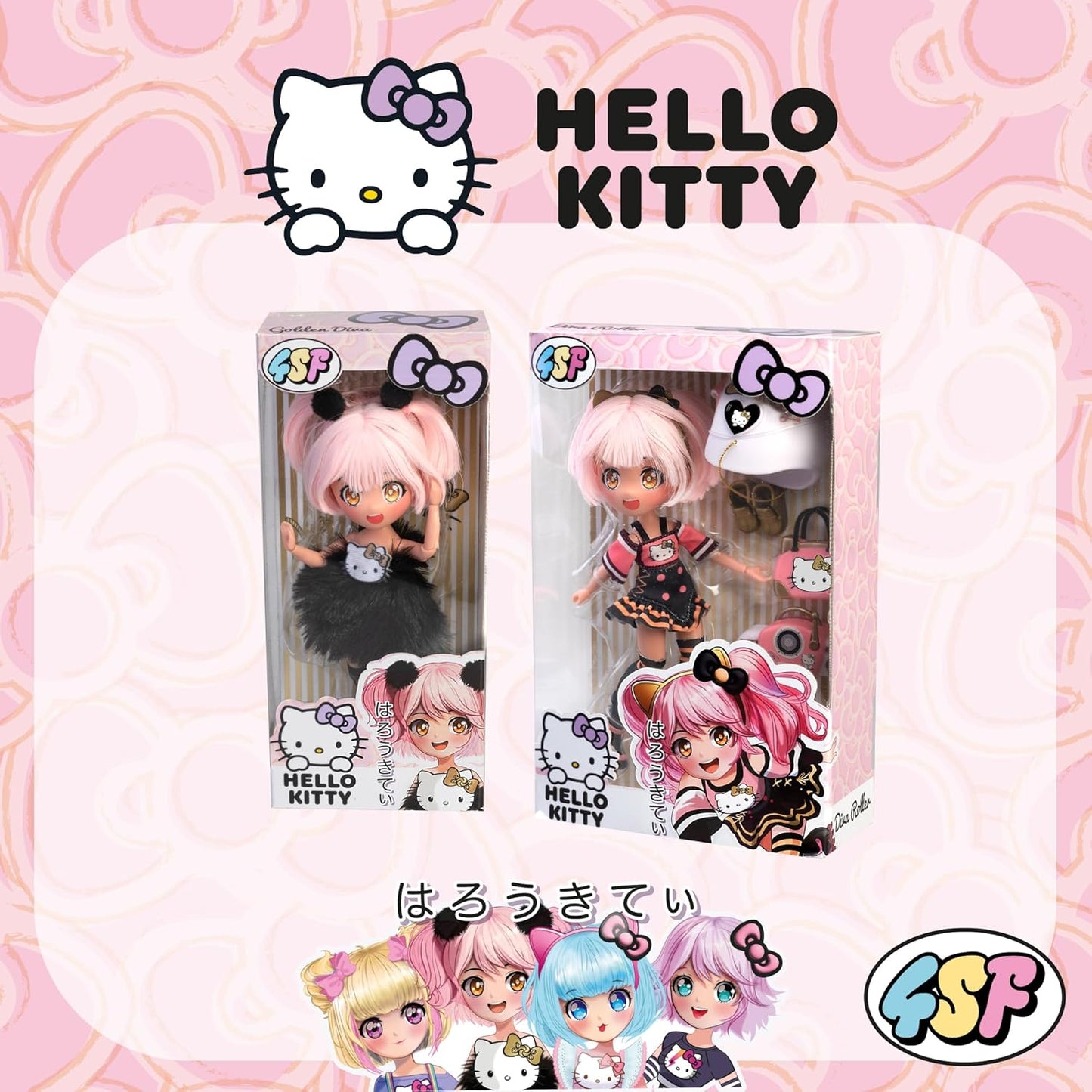 Hello Kitty 4SF Famosa Golden Diva Roller, boneca japonesa fashion com visual de patins, figura de 19,5 cm com 15 pontos de articulação, inclui capacete, bolsa, acessórios musicais e botas (HKTF1000)