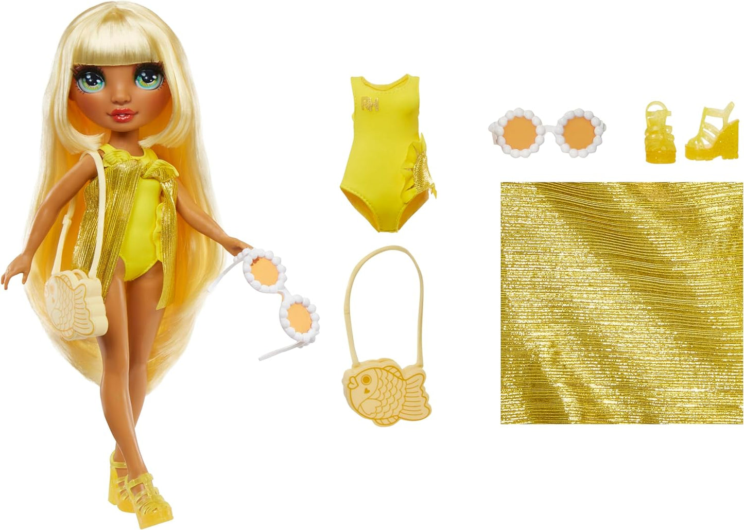 Rainbow High Swim & Style – Sunny (Amarelo) – Boneca de 28 cm com envoltório cintilante para estilizar mais de 10 maneiras – Maiô removível, sandálias, acessórios divertidos para brincar – Brinquedo infantil – Ótimo para idades de 4 a 12 anos