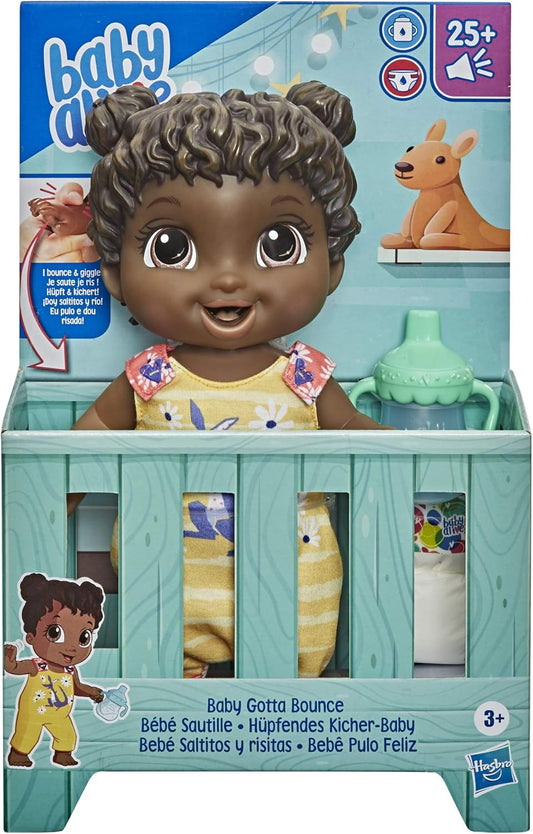 Baby Alive Baby Gotta Bounce Doll, disfraz de canguro, rebota con más de 25 efectos de sonido y risitas, bebidas y mojadas, juguete de pelo negro para niños a partir de 3 años