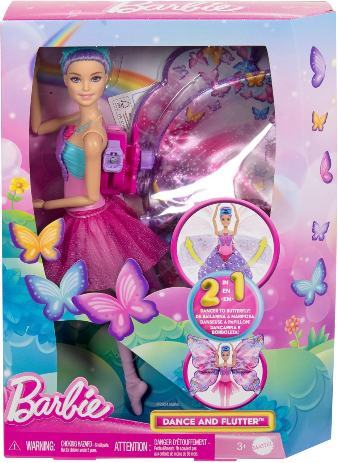 Barbie Boneca dança e flutua com transformação 2 em 1 de dançarina para borboleta com asas que abrem, cabelo roxo, capacete e tutu removível, HXJ10
