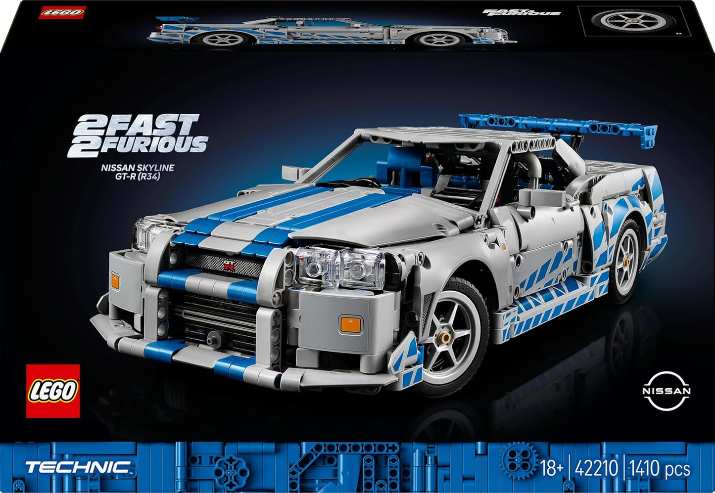 LEGO Kit de modelo de carro Technic 2 Velozes e Furiosos Nissan Skyline GT-R (R34) para adultos - inclui função de drift, direção, suspensão e motor de 6 cilindros - Presente colecionável para fãs - 42210