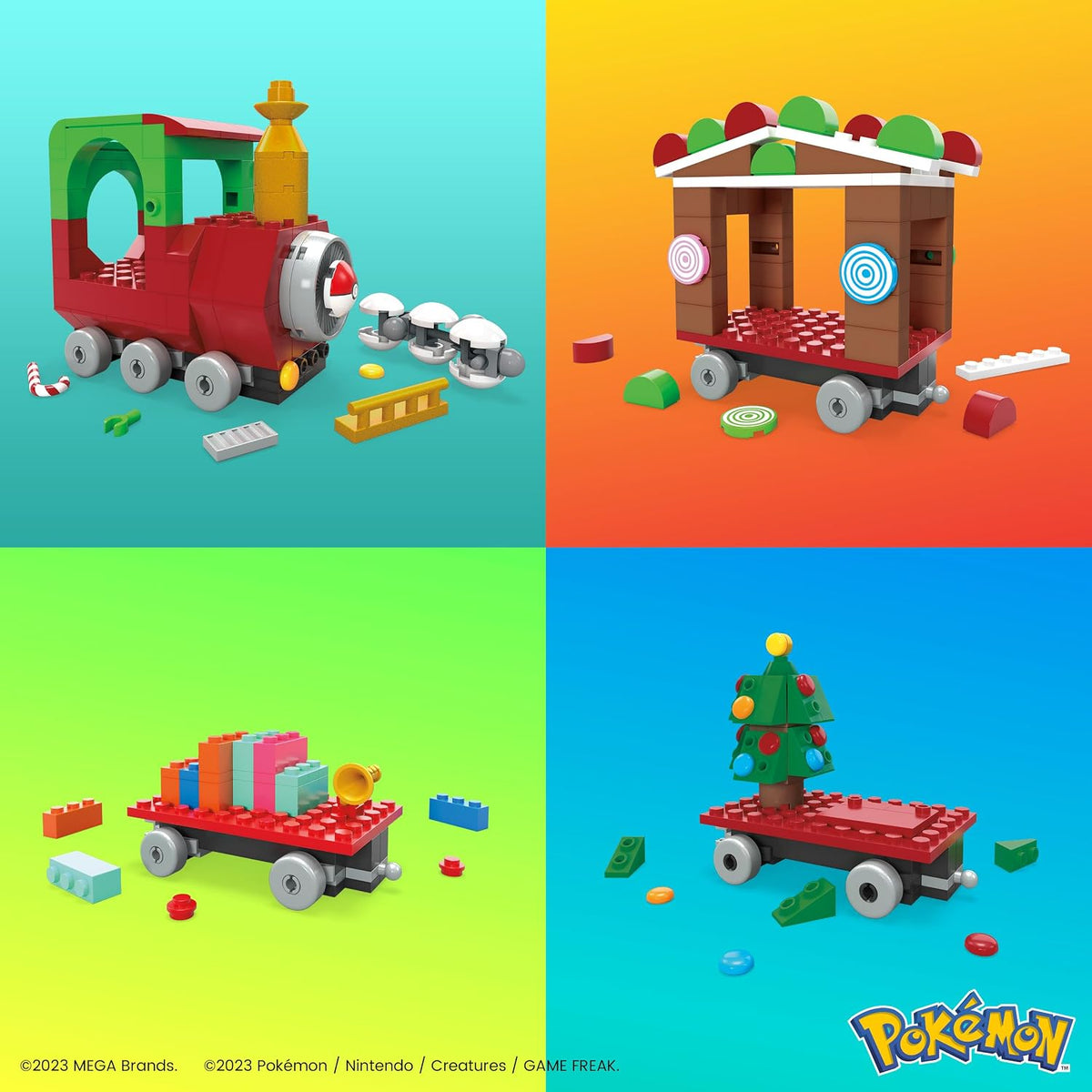 MEGA Brinquedo de Montar Pokémon – Trem Festivo com 373 Peças e 4 Personagens Articulados, Ideia de Presente para Crianças (HHP69, Multicolorido, Médio)