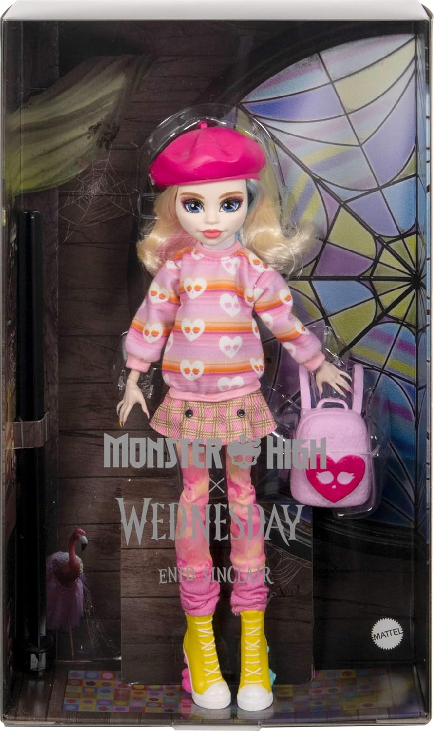 Muñeca y accesorios Monster High Wednesday, Enid Sinclair coleccionable de moda rosa con boina y mochila, soporte para muñecas, HXJ05