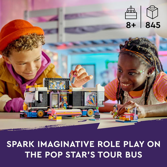 LEGO Friends Pop Star Autobús turístico de juguete para niñas, niños y niños a partir de 8 años, kit de construcción de vehículos con 4 minipersonajes para aventuras musicales, idea de regalo 42619