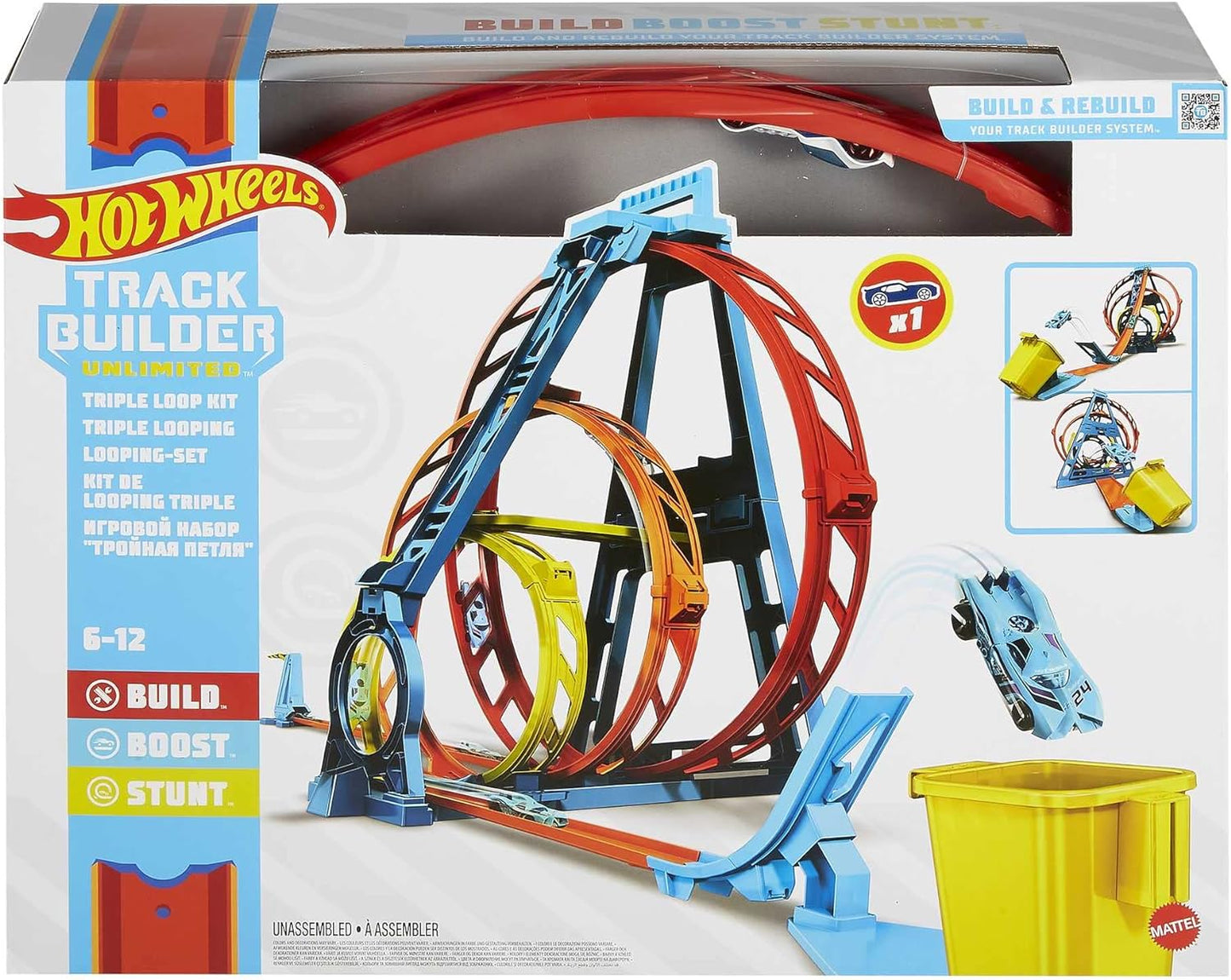 Fisher-Price Hot Wheels Track Builder Unlimited Triple Loop Kit Set de regalo plegable de 3 bucles para niños de 6 a 12 años y un vehículo Hot Wheels a escala 1:64 con puntos de fijación, GYP65