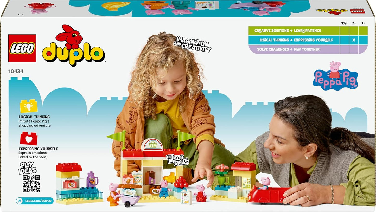 LEGO Supermercado DUPLO Peppa Pig, loja de brinquedos com carro e 4 figuras incl. Mamãe, papai e George, atividade de desenvolvimento inicial, brinquedos de aprendizagem para crianças de 2 anos ou mais, ideia de presente 10434