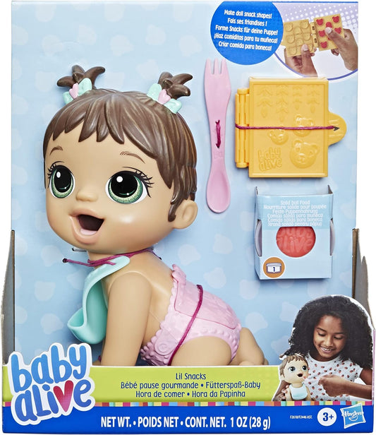 Muñeca Baby Alive Lil Snacks, come y caca, muñeca temática de bocadillos de 8 pulgadas, molde para caja de bocadillos, juguete para niños de 3 años en adelante, cabello castaño