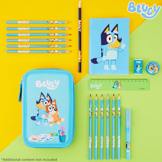 Bluey Estojo de Lápis Cheio para Crianças com 2 Compartimentos, Papelaria Incluída - Material Escolar Primário