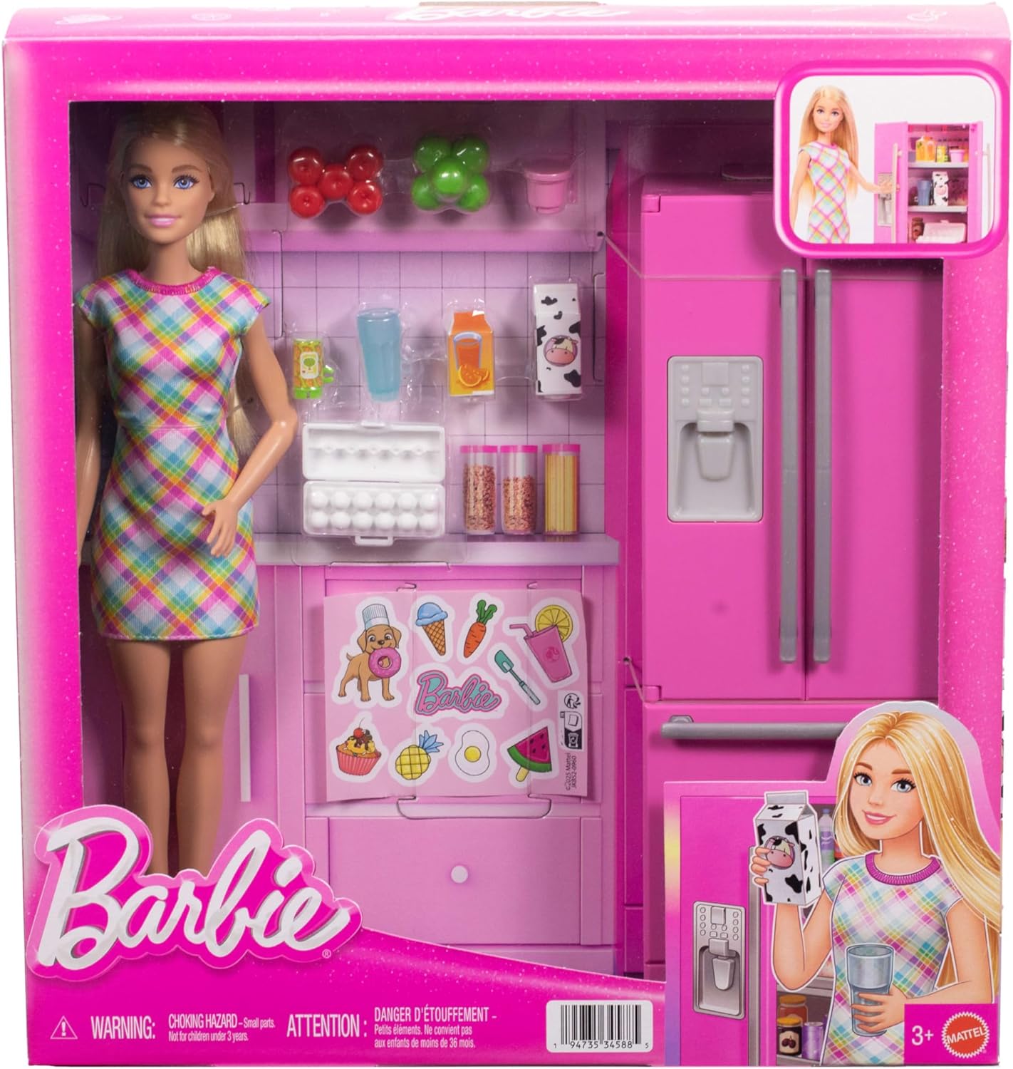 Barbie Boneca e Conjunto de Cozinha com Geladeira e 10 Acessórios, Incluindo Comidas, Mais Cartela de Adesivos, JKB52