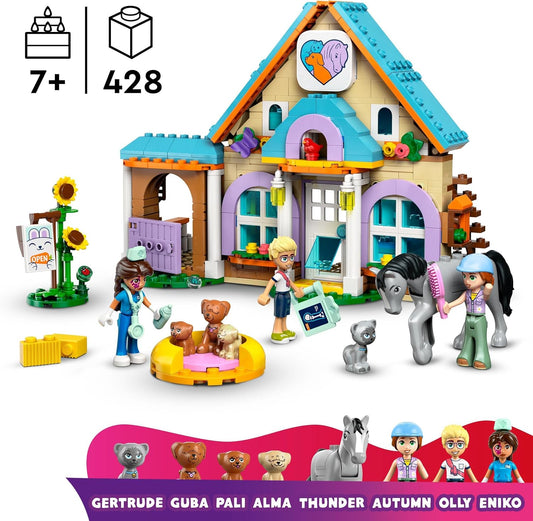 LEGO Conjunto de clínica veterinária para cavalos e animais de estimação Friends para crianças, brinquedo de dramatização de animais com minibonecos de 3 personagens, além de figuras de gatos e cachorros