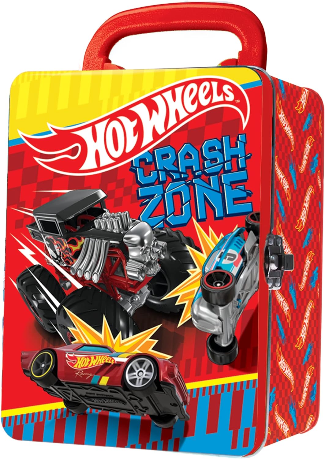 Hot Wheels Estuche de metal para transporte de autos a escala 1:64 I Almacenamiento y organizador de 18 autos de juguete I Regalo para coleccionistas y niños de 3 años en adelante I Diseño 3D HW Crash Zone I (autos no incluidos)