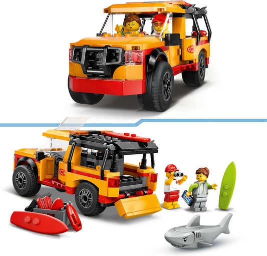 LEGO Brinquedo de caminhão de resgate de praia City Lifeguard com 2 minifiguras e uma figura de tubarão - Conjunto de construção para meninos e meninas com mais de 6 anos - Presentes para crianças que amam a praia