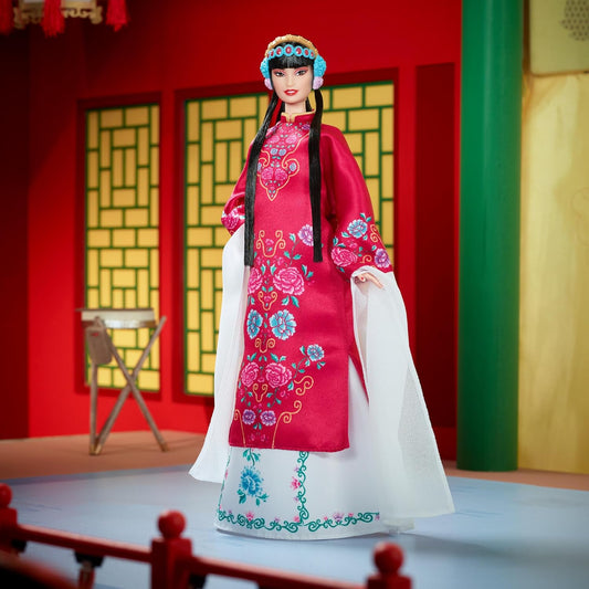 Exclusiva muñeca coleccionable Barbie del Año Nuevo Lunar con bata floral roja y accesorios tradicionales inspirados en la Ópera de Pekín, HRM57