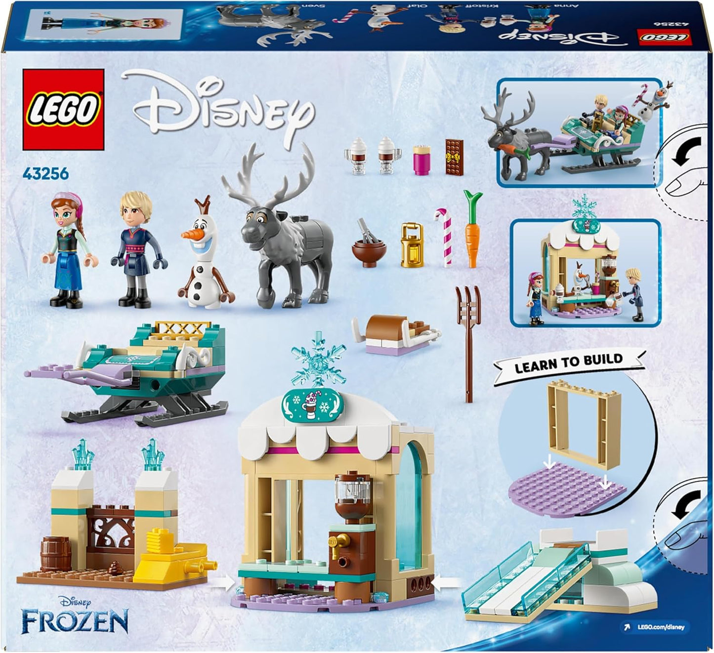 LEGO ǀ Disney Frozen Anna's Sleigh Adventure, barraca de chocolate quente com miniboneca Kristoff, além de bonecos de Olaf e Sven, brinquedo de construção de princesa para meninas com mais de 4 anos