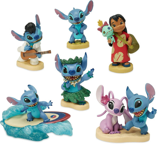 Disney Store Conjunto oficial de estatuetas de luxo Lilo & Stitch, 6 peças, figuras de brinquedo de personagens moldados, incluindo Lilo, Stitch e Angel, apresenta obras de arte coloridas e detalhadas, adequado para maiores de 3 anos