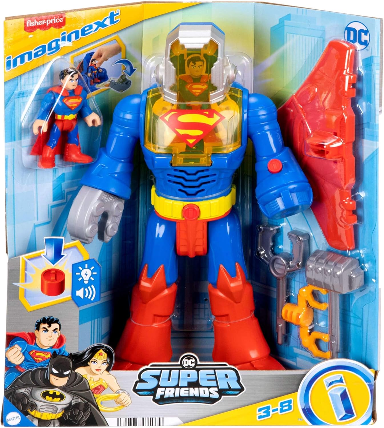 Fisher-Price Imaginext DC Super Friends Superman Brinquedo Insider e Exo Traje Robô de 30 cm com Luzes e Sons para Crianças a partir de 3 Anos, JCT47