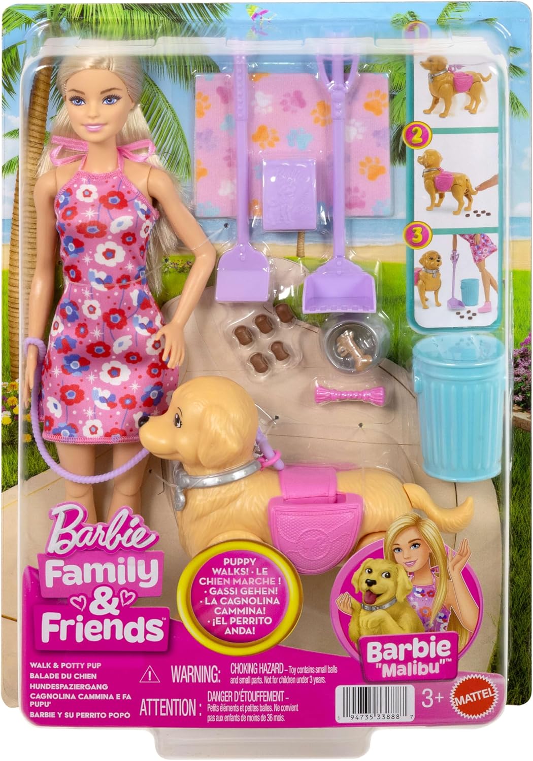 Barbie Conjunto de Brinquedo Cachorrinho Anda e Faz Cocô, Inclui Cachorro de Brinquedo que Anda e Faz Cocô, Boneca Malibu, Pá para Cocô e Acessórios para Pets, JJB46