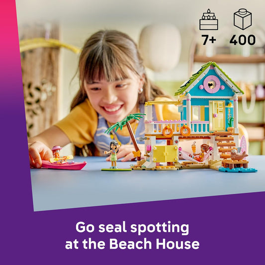 LEGO Friends Casa de Praia com Focas - Conjunto de Brinquedo em Miniatura com 3 Mini Bonecas, 2 Figuras de Animais Marinhos e Acessórios, incluindo Prancha de Surf e Caiaque - Presente de Aniversário para Meninas a partir de 7 Anos - 42699