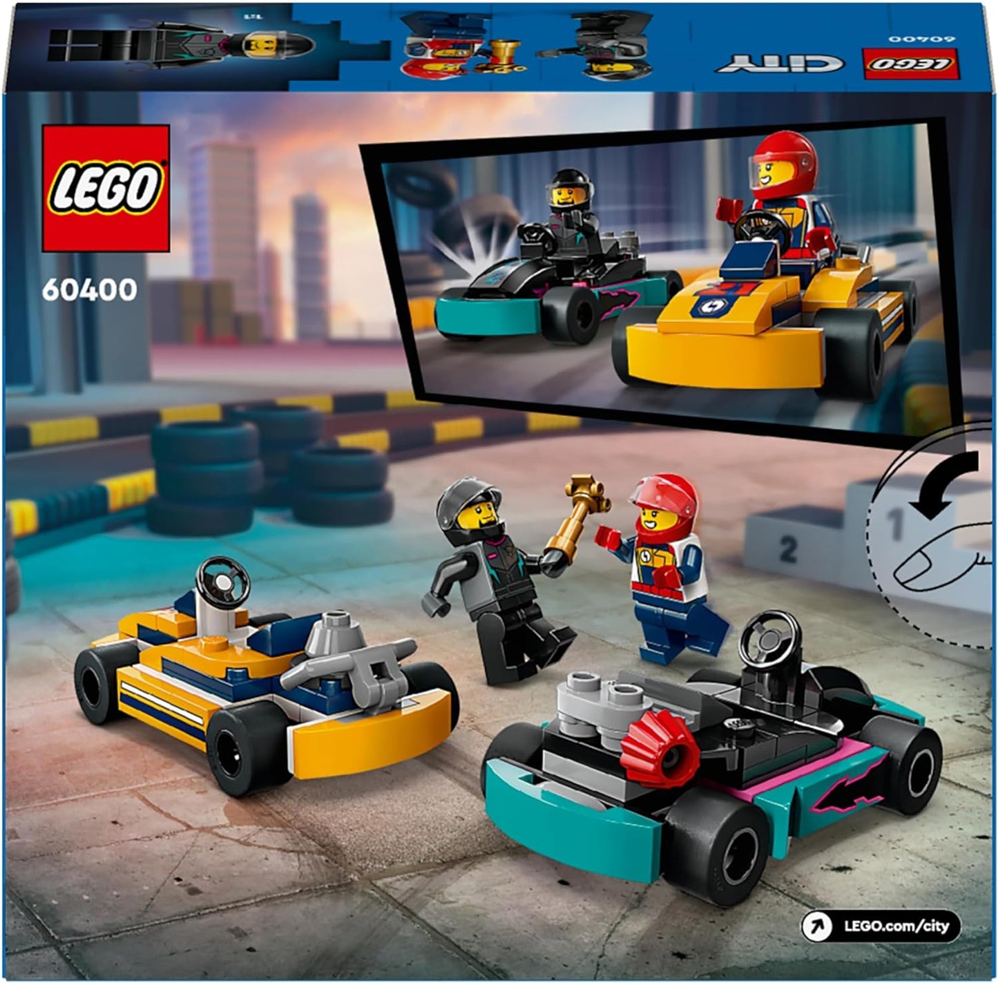LEGO City Go-Karts y pilotos de carreras, juego de juguetes de vehículos de carreras para niños y niñas de 5 años en adelante y fanáticos de los juguetes de autos de carreras con 2 minifiguras de conductores, pequeño regalo para