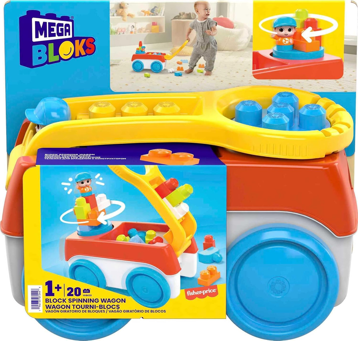 MEGA Brinquedo de construção infantil BLOKS Fisher-Price, vagão giratório de blocos com 20 peças e armazenamento, 1 figura, ideias de presentes para crianças de 1 ano ou mais, HHN00