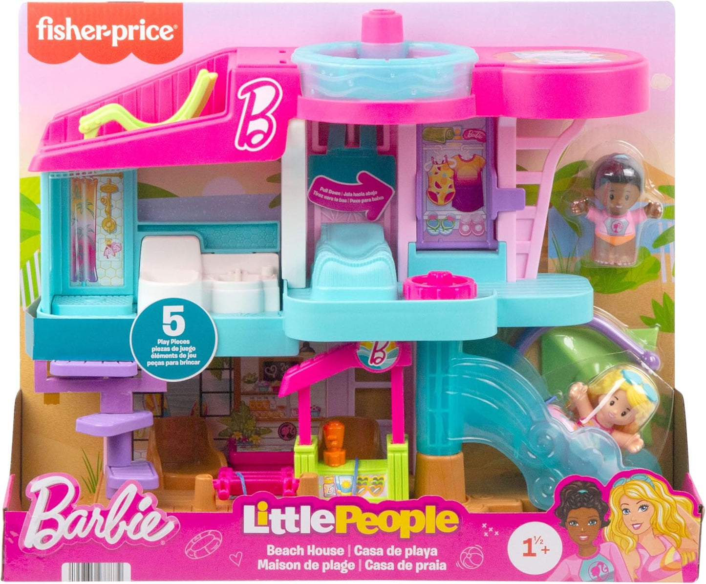 Fisher-Price Brinquedo Little People Casa de Praia da Barbie com Figuras e Acessórios para Crianças em Idade Pré-escolar a partir de 18 Meses, JCW71