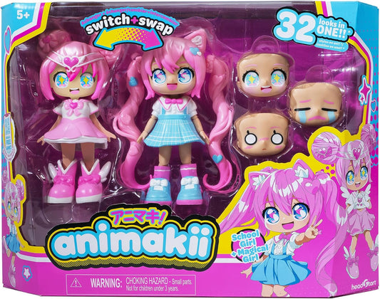Animakii Boneca Fashion – Estilo Garota Mágica + Colegial Personalizável – Boneca Fashion de 12,7 cm com 32 Looks em Uma – Acessórios, Roupas, Sapatos e Placas Faciais (APENAS 1 BONECA INCLUÍDA)