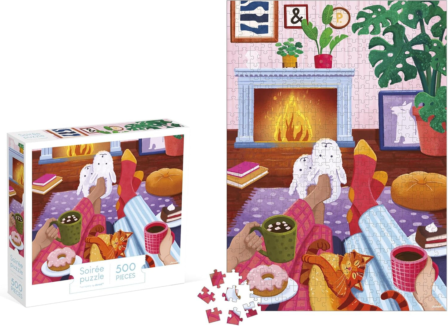 Janod - Quebra-cabeça 500 peças Adultos Adolescentes Crianças - Noite da Lareira - Desenvolve paciência e destreza - Fabricação europeia, Tintas vegetais e certificação FSC - A partir de 8 anos - J02495