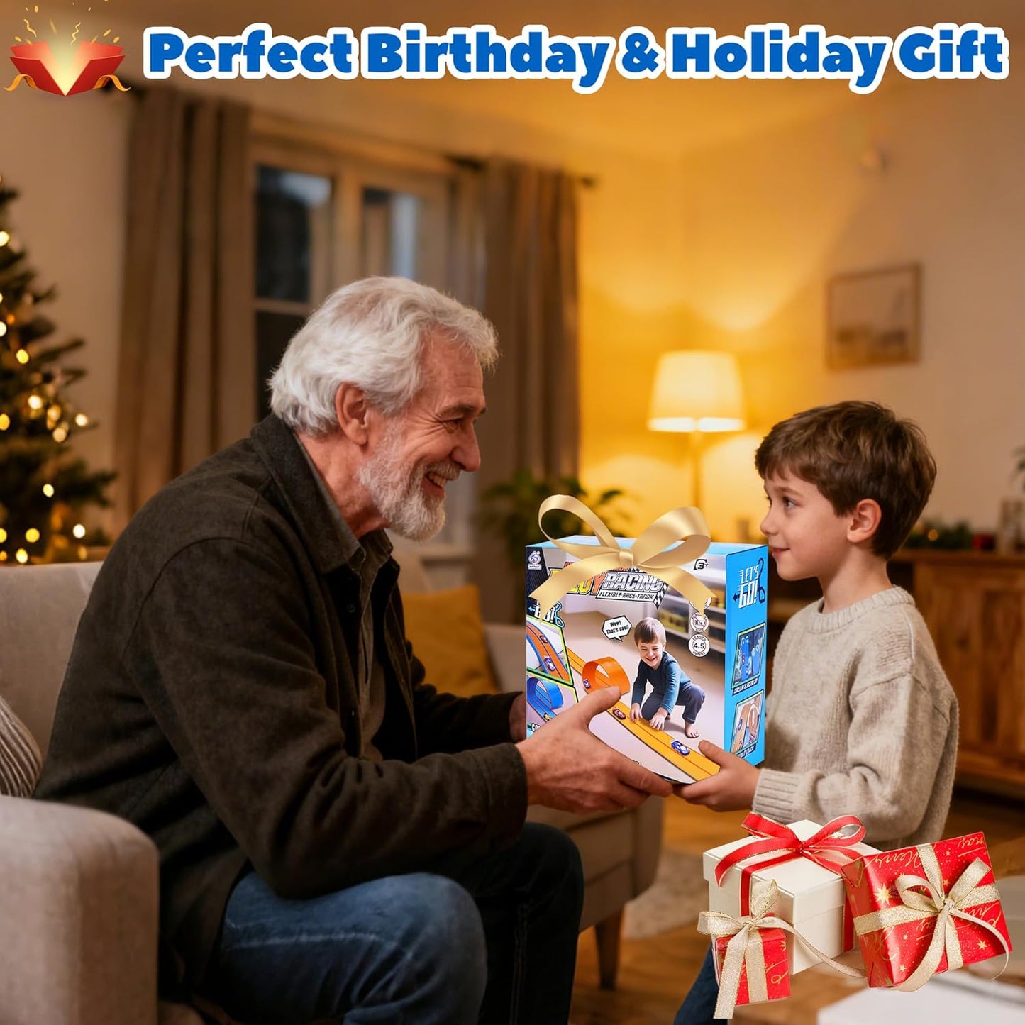 Pista de corrida flexível de 4,5 m para crianças, pista dupla face, compatível com carros de metal fundido na escala 1:64, brinquedo portátil de pista enrolável para meninos de 3 a 8 anos (laranja e azul)