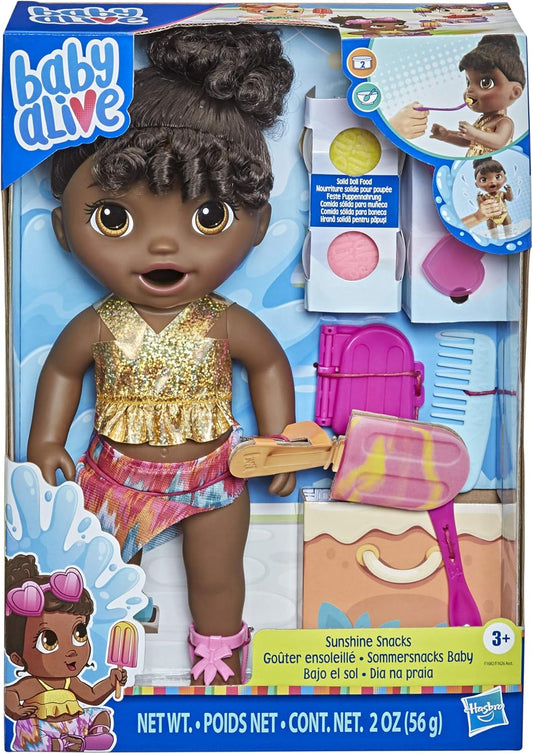 Muñeca Baby Alive Sunshine Snacks, come y caca, muñeca de agua con temática de verano, molde para paletas, juguete para niños a partir de 3 años, pelo negro