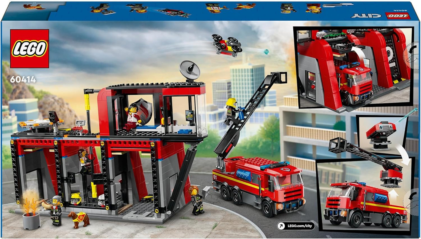 LEGO Corpo de bombeiros da cidade com conjunto de brinquedos para bombeiros para meninos e meninas de 6 anos ou mais com uma figura de cachorro e 5 minifiguras, ideia de presente de aniversário para crianças que amam brincadeiras imaginativas 60414