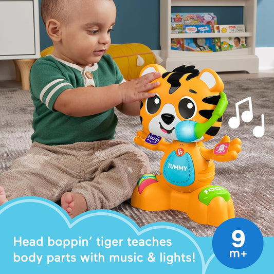 Fisher-Price Brinquedo de aprendizagem para bebês Link Squad Bop & Groove Tiger com música e luzes para idades de 9+ meses, versão em inglês do Reino Unido, compatível apenas com itens Link Squad, HYL24