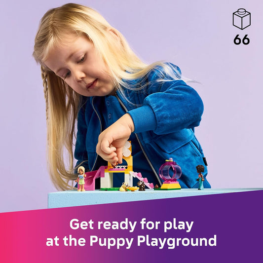 LEGO Brinquedo de playground Friends para filhotes de 4 anos ou mais - inclui um parque com escorregador, 2 minibonecas e 3 bonecos de cachorro - Ideia criativa para presente - 42665