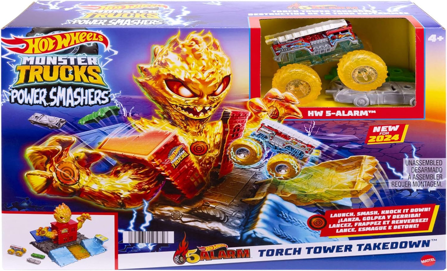 Hot Wheels Monster Trucks Juego de juguetes, utiliza el camión de bomberos de 5 alarmas a escala 1:64 para luchar contra el monstruo de fuego para una revelación divertida, incluye 2 autos destrozados, Power Smashers